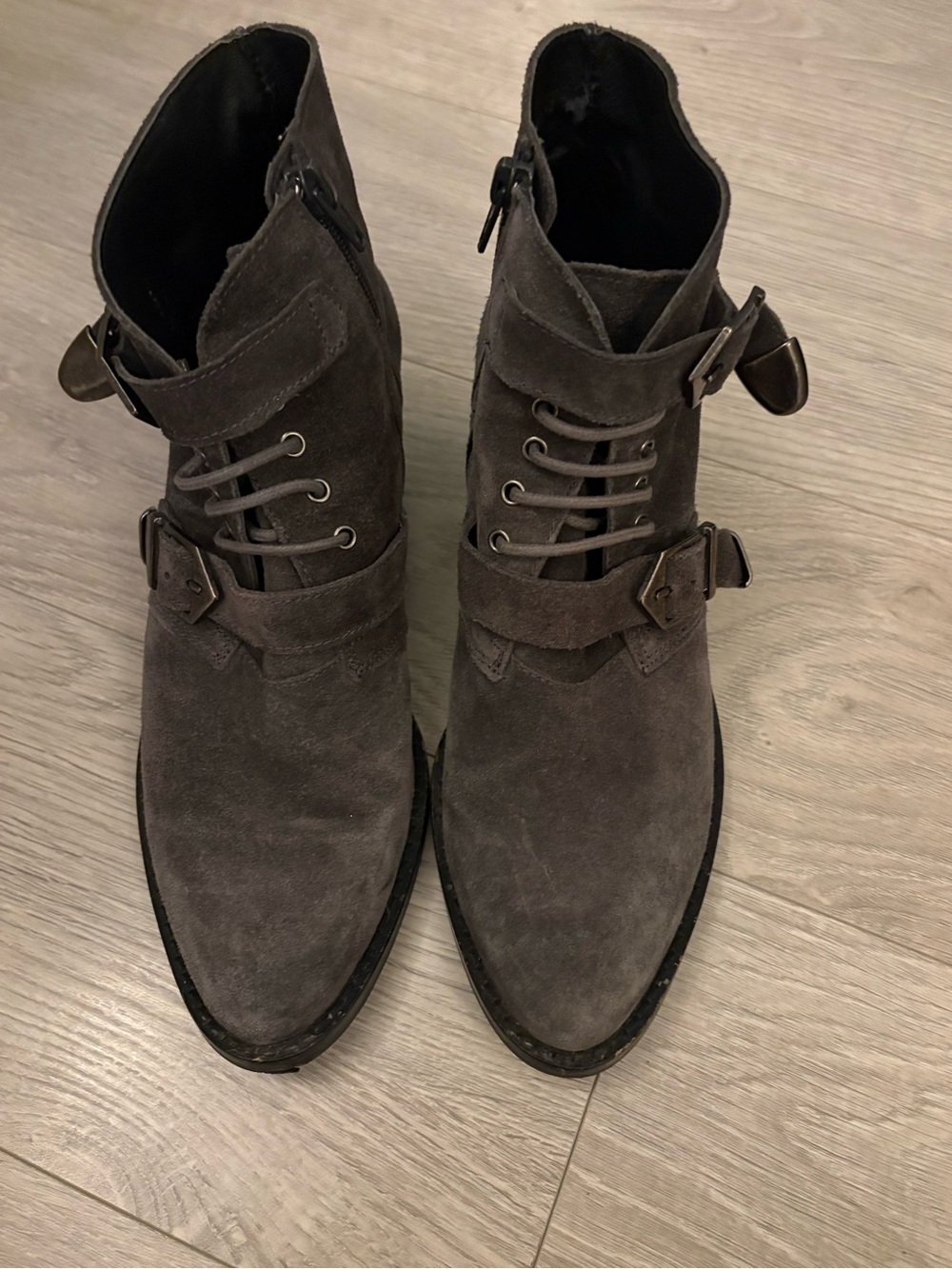 Suede Lace-Up Ankle Booties with Buckle Straps in Dark Gray